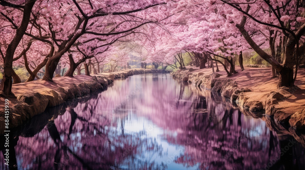 Serene pond surrounded by cherry blossom trees Serene pond surrounded by cherry blossom trees