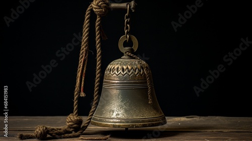 an antique brass bell with a weathered rope handle