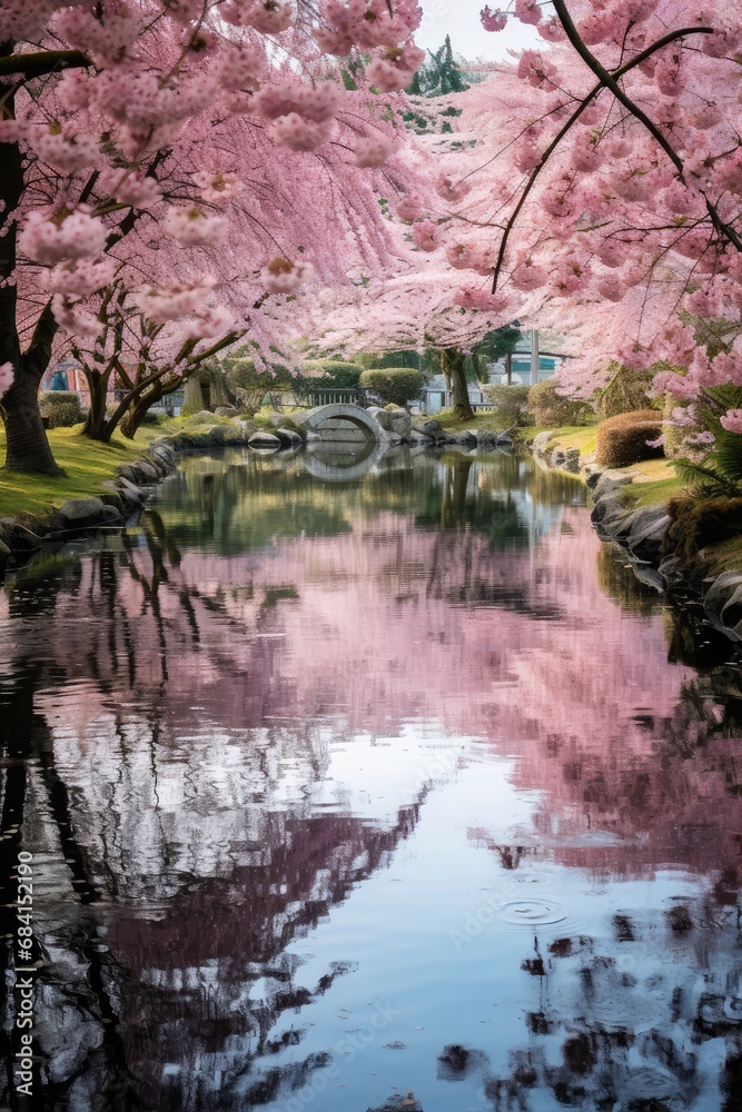 Serene pond surrounded by cherry blossom trees