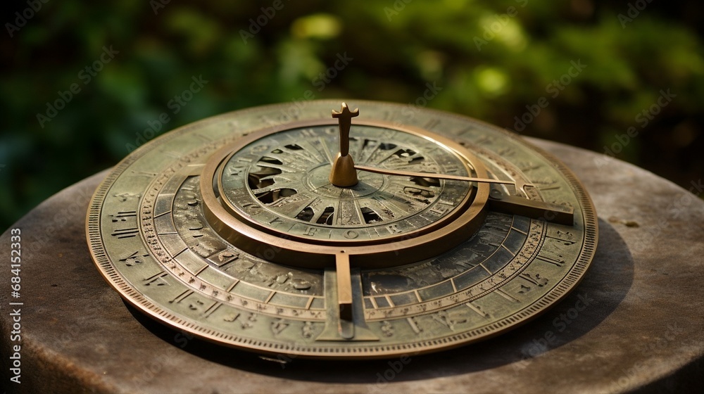 an antique brass sundial adorned with weathered Roman numerals