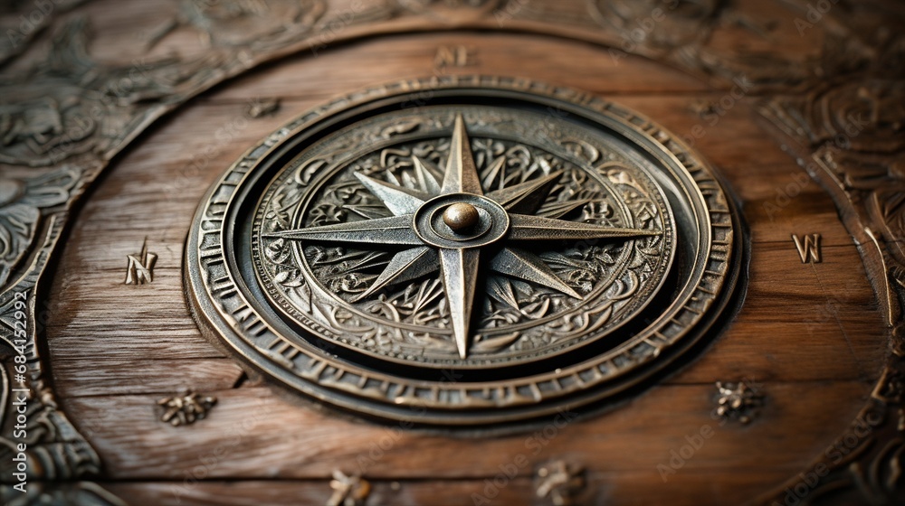 an antique compass rose intricately engraved on a weathered ship's deck