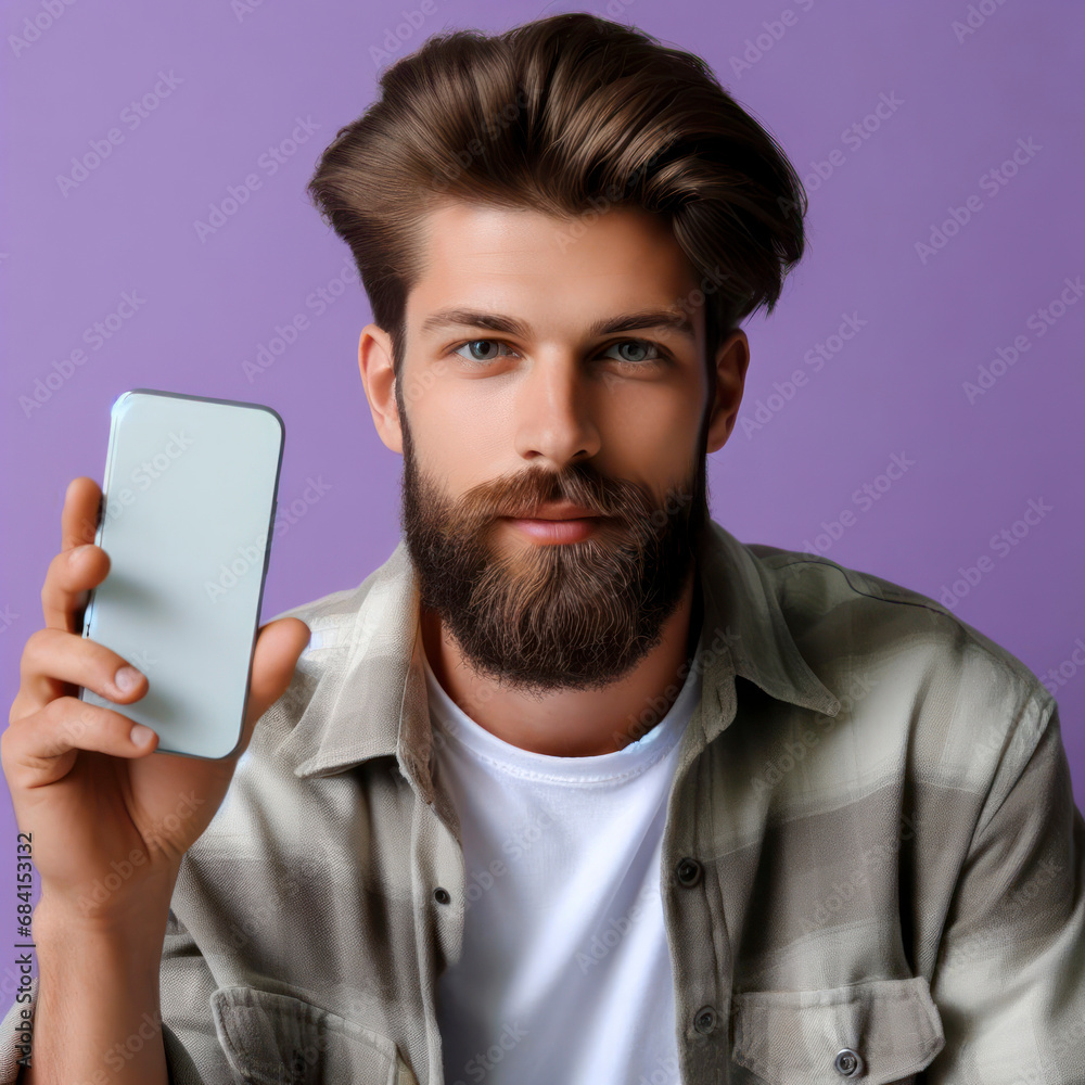 man with phone with white screen on purple background. ai generative man with phone with white screen on purple background. ai generative