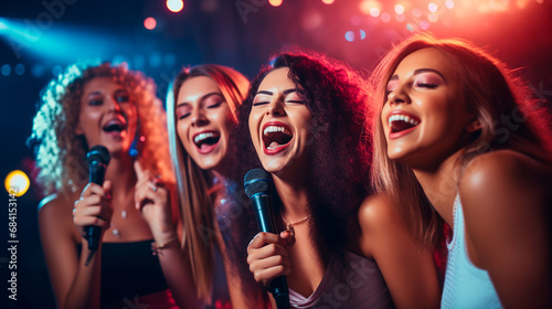 several friends singing karaoke into a microphone