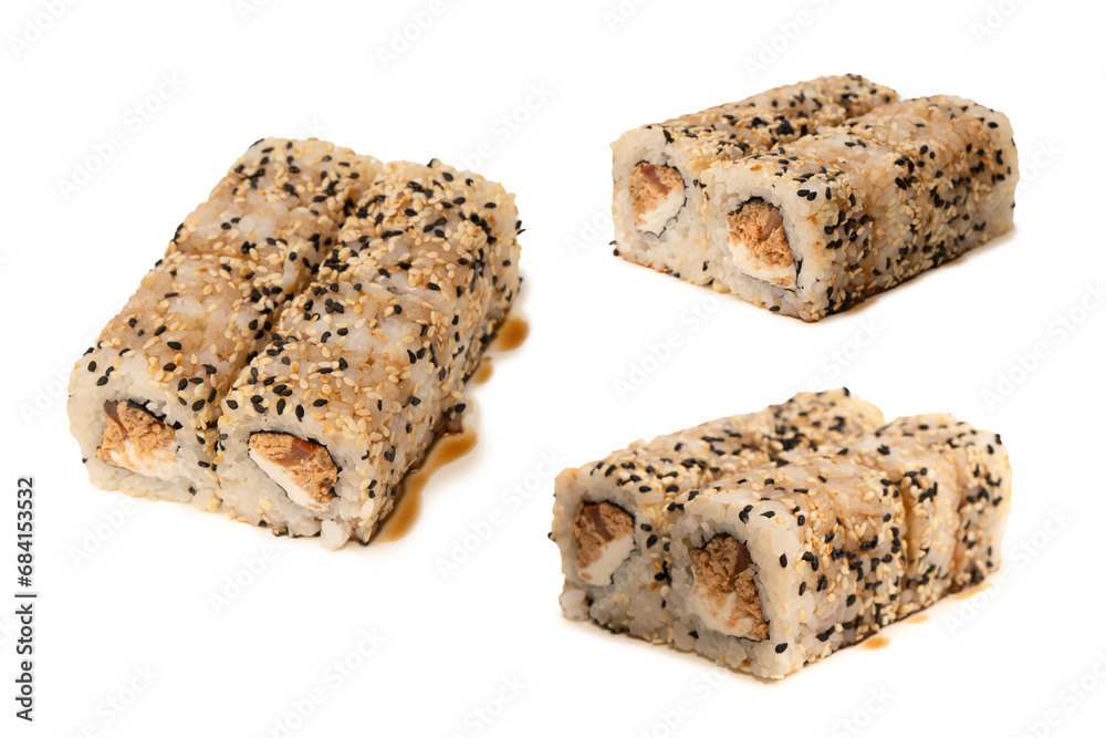 Sushi with cream cheese and tuna isolated on white background.