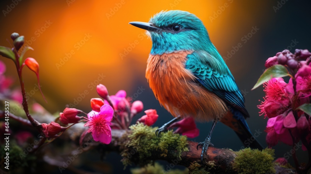A small bird with bright plumage sits on a branch. National Bird Day concept A small bird with bright plumage sits on a branch. National Bird Day concept