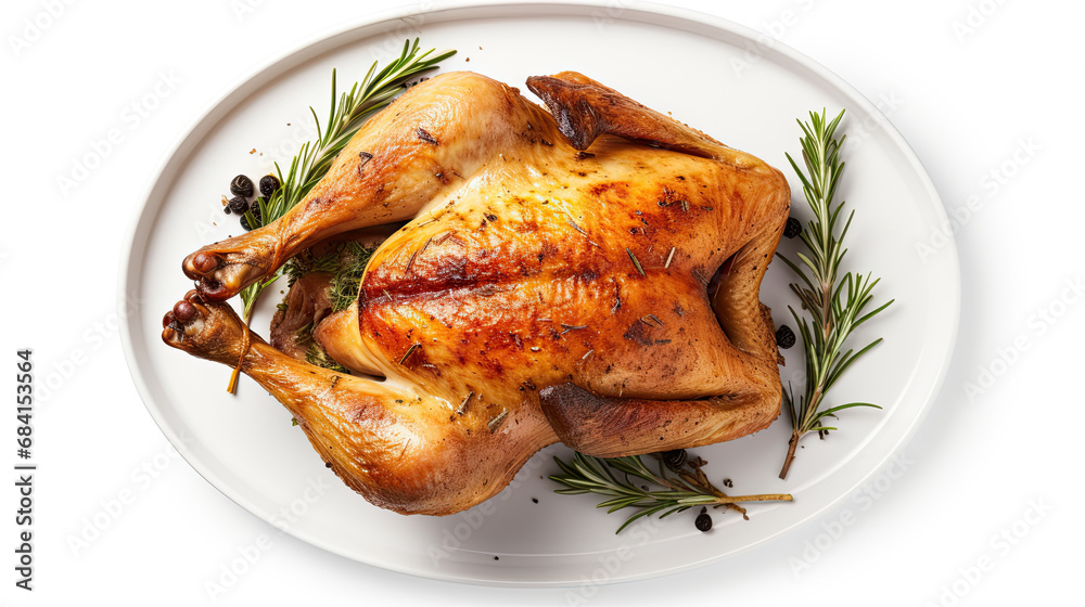 top view a roasted chicken in a white plate with rosemary isolated on white background top view a roasted chicken in a white plate with rosemary isolated on white background