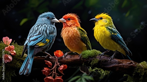 A small bird with bright plumage sits on a branch. National Bird Day concept