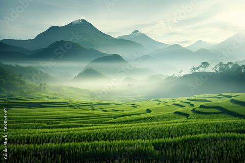 the green field of rice with mountains and the mist