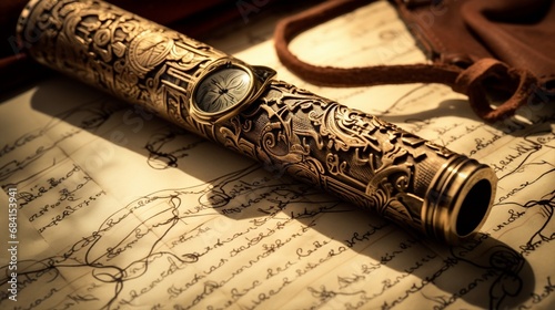 an antique pen with intricate engravings resting on a parchment scroll
