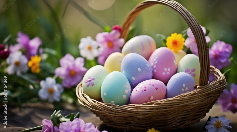 Vibrant Easter basket filled with beautifully decorated pastel-colored eggs, adorned with ribbons, flowers, and intricate designs. A festive celebration of joy, creativity, and tradition.