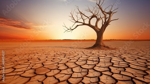 Desolate, cracked desert landscape under scorching heat with orange sky. Withered tree symbolizes rising temperatures and environmental impact. Climate crisis, air pollution, and rising sea levels