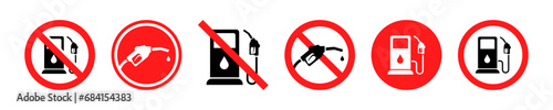 Set of no fuel station vector icons. Red forbidden signs with gas pump. Stop petrol or diesel. Vector 10 Eps.