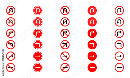 Set of no turn and u-turn left and right. Red prohibited road signs with arrows. Warning traffic sign for driver. Vector 10 Eps.
