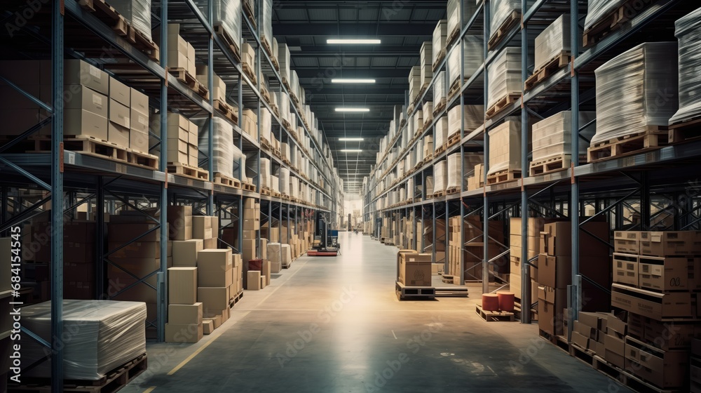 A well-organized warehouse with towering metal shelves holding arranged goods like electronics and household items. Soft, diffused light highlights sharp edges, creating depth