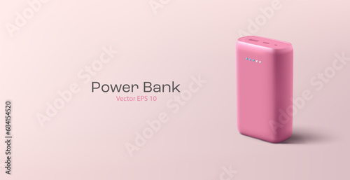 Pink power bank, portable charger, 3D. For new technologies, branding. Banner for web advertising. Vector illustration.