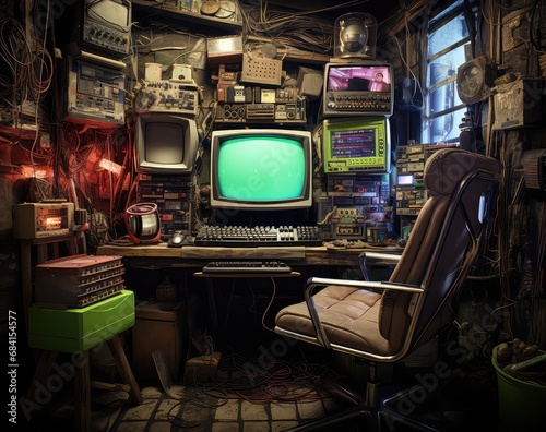 pokój z biurkiem i monitorami w stylu vintage jak podziemie hakerów