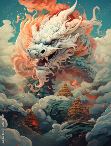 Obraz przedstawiający chińskiego smoka wyłaniającego się z kolorowych chmur. 