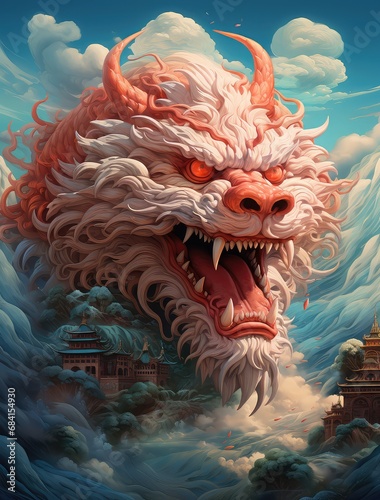 Obraz przedstawiający chińskiego smoka wyłaniającego się z kolorowych chmur. 