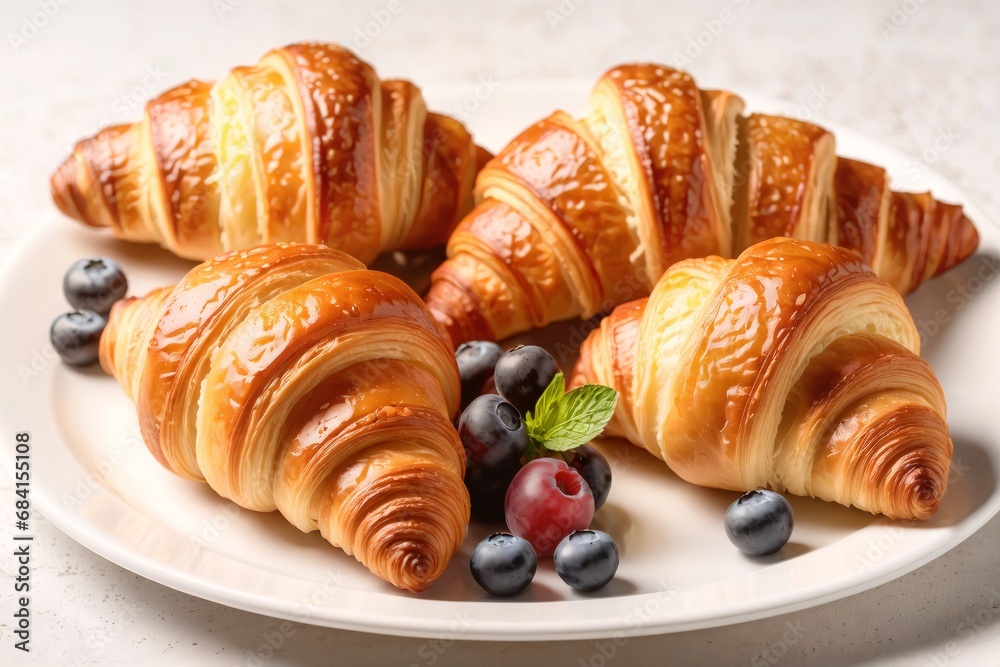 Delicious breakfast with fresh croissants and fresh berry and starwberry