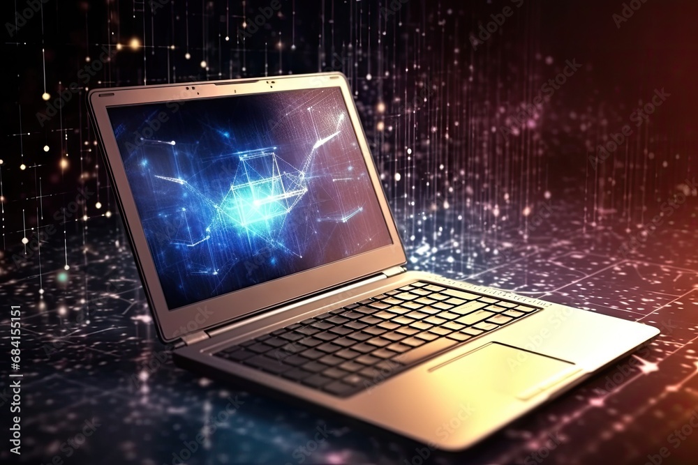 Modern laptop caught in the swirling vortex of data nanotechnology and artificial intelligence Modern laptop caught in the swirling vortex of data nanotechnology and artificial intelligence