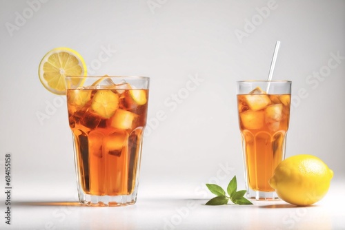 two glasses of delicious iced tea with fresh lemon and mint