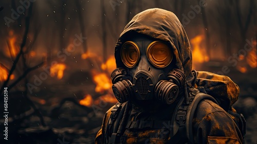 Żołnierz w masce gazowej na tle płonącego lasu. 