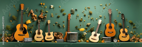 Set of guitars and other musical instruments. Musical flat green background. photo
