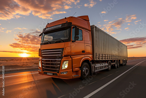 A large semi truck driving down a desert road at sunset. European truck. © Degimages