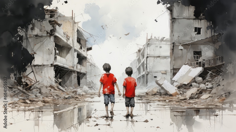 Obraz przedstawiający dwóch chłopców idących przez zniszczone wojną miasto. - obrazy, fototapety, plakaty 