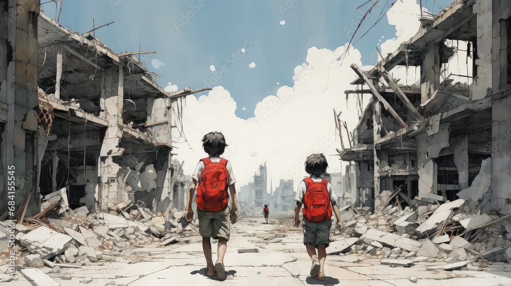 Obraz przedstawiający dwóch chłopców idących przez zniszczone wojną miasto. - obrazy, fototapety, plakaty 