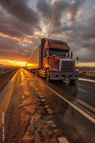 A large semi truck driving down a desert road at sunset.