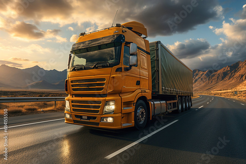 A large semi truck driving down a desert road at sunset. European truck. photo
