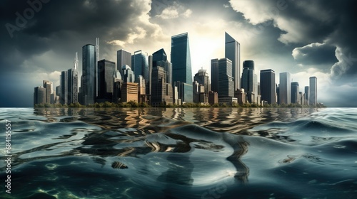 City skyline submerged in rising sea levels, flooded buildings, dark clouds, and ominous waves. Coastal region faces environmental disaster and climate crisis. Urgent need for climate action