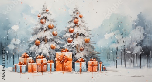 Obraz w stylu akwareli przedstawiający bożonarodzeniową choinkę z bombkami i prezentami w zimowej scenerii. 