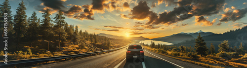 A car driving down a road next to a forest at sunset. Large panoramic image.