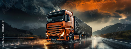 Semi truck driving down a rain soaked road. Transportation in rainy day. Panoramic image.