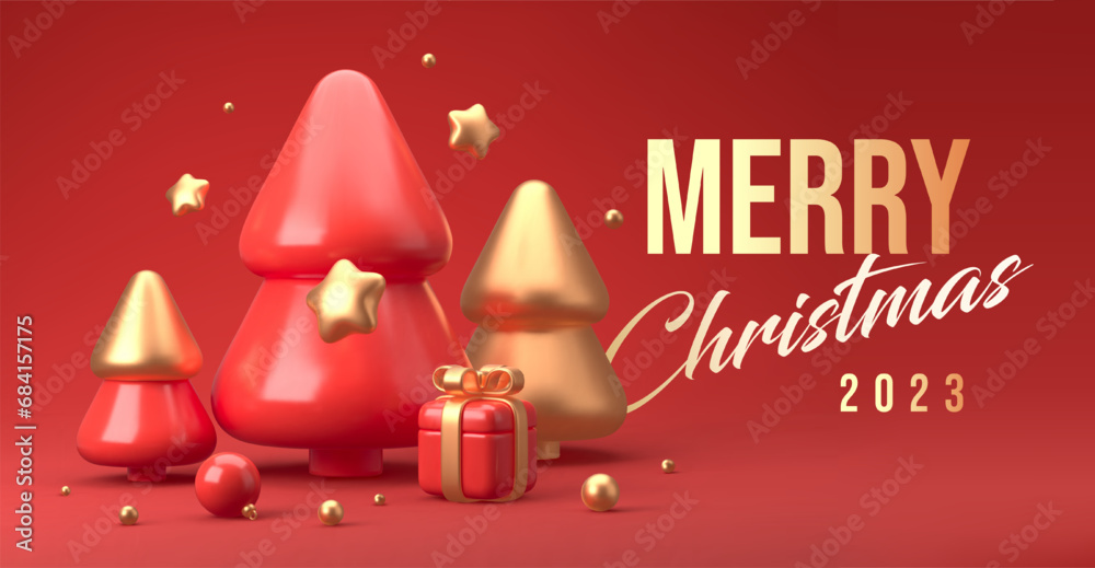 Naklejka premium Merry Christmas and Happy New Year festive composition. Colorful Xmas background with realistic 3d trees and gift boxes. Vector illustration