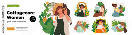 Set women spending time at summer cottage vector flat illustration.