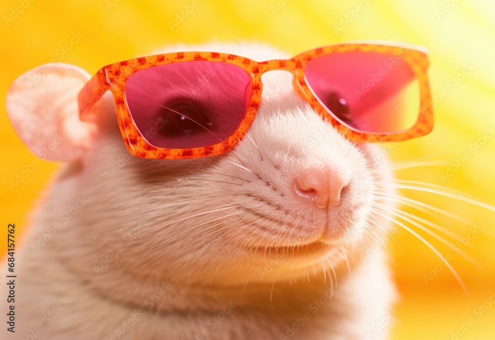 Rat with glasses. Close-up portrait of a rat. Anthopomorphic creature. A fictional character for advertising and marketing. Humorous character for graphic design.