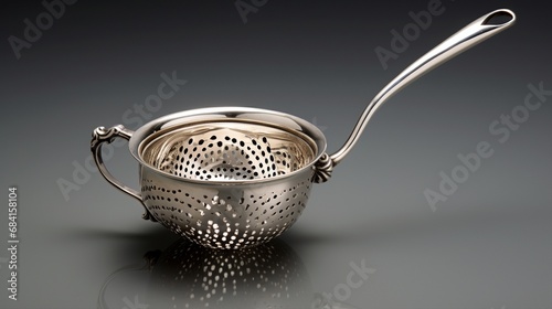 an ornamental silver-plated tea strainer with delicate handles photo