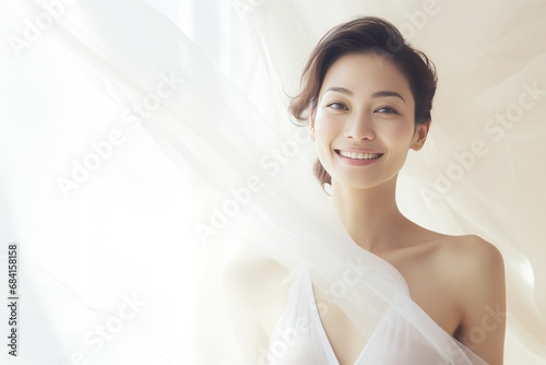 A joyful woman with a radiant smile poses for a portrait in natural light. Soft shadows and minimalistic backdrop create a clean, tranquil atmosphere. Her happiness and contentment shine through.