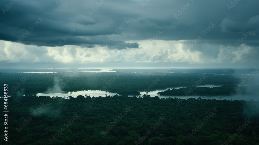 Aerial image forest with few clouds amazon, late afternoon with AI