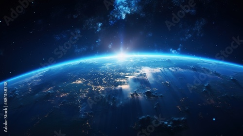Blue sunrise, view of earth from space with AI
