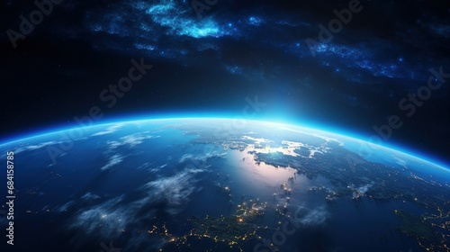 Blue sunrise, view of earth from space with AI © LaxmiOwl