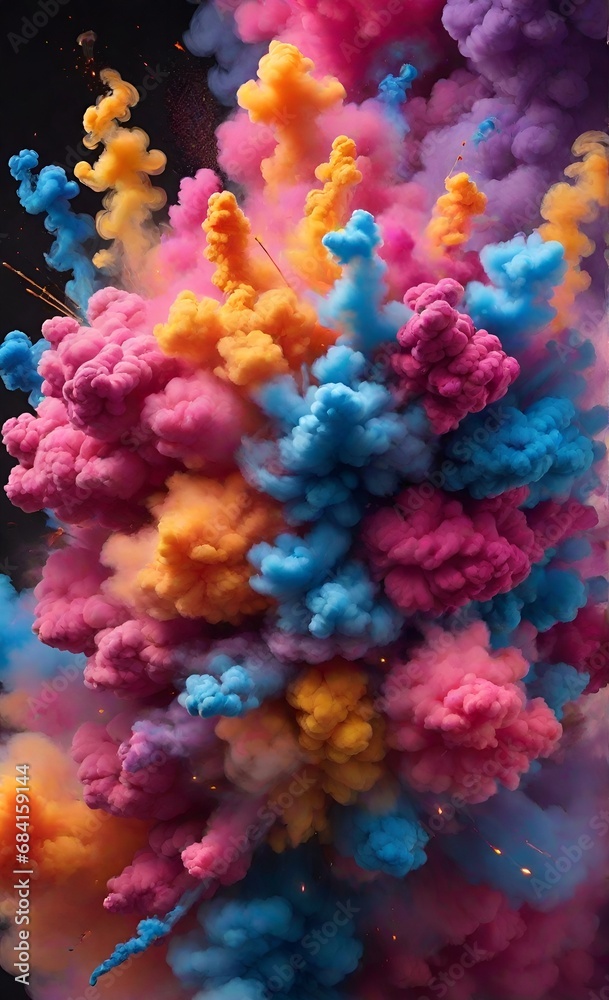 Colourful smoke bombs burst in a mesmerizing display, scattering vivid hues in every direction. The intricate patterns and sharp details make this mobile wallpaper a visual delight,