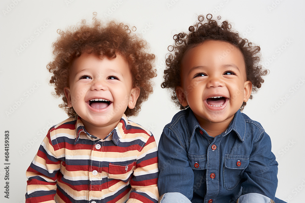 Portrait of two happy toddlers on light background - obrazy, fototapety, plakaty 