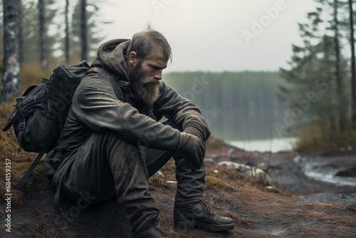 Obraz w ramie Hiker lost in the wilderness