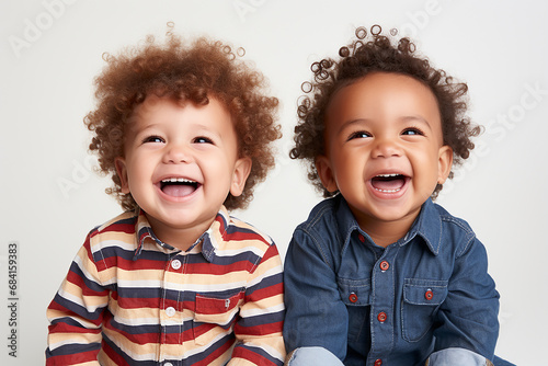 Portrait of two happy toddlers on light background photo