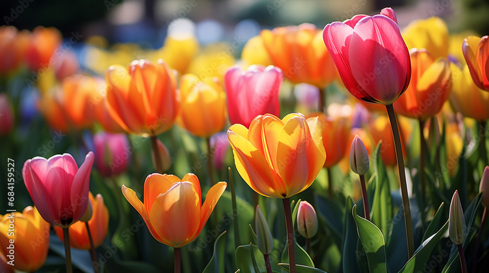 the vibrant colors and patterns of a tulip garden in full bloom, where rows of tulips create a mesmerizing sight created with Generative Ai the vibrant colors and patterns of a tulip garden in full bloom, where rows of tulips create a mesmerizing sight created with Generative Ai