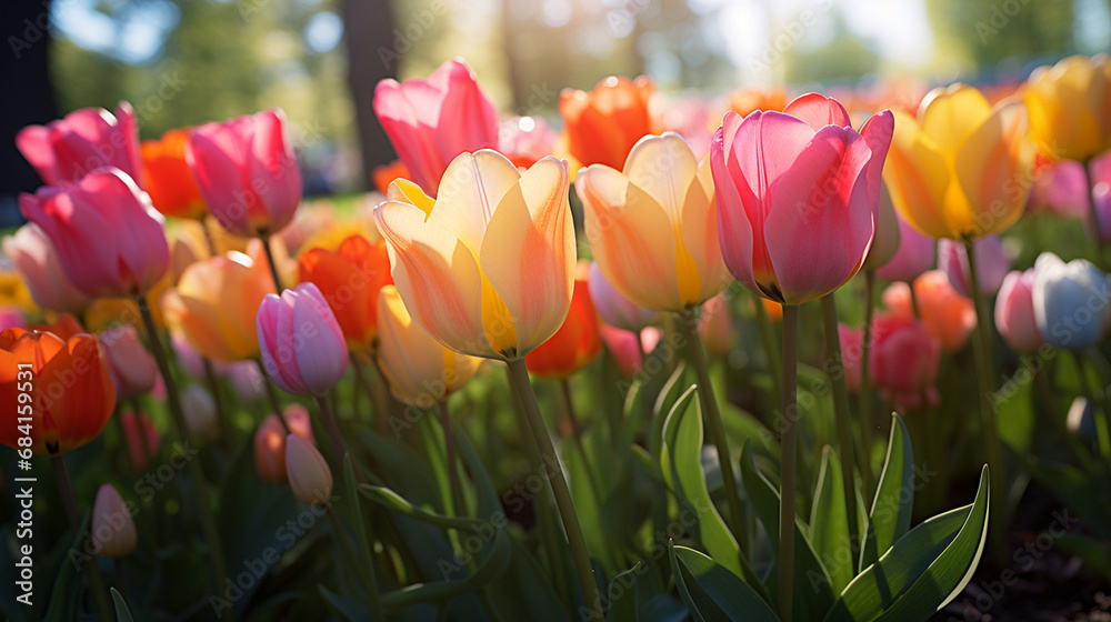 the vibrant colors and patterns of a tulip garden in full bloom, where rows of tulips create a mesmerizing sight created with Generative Ai